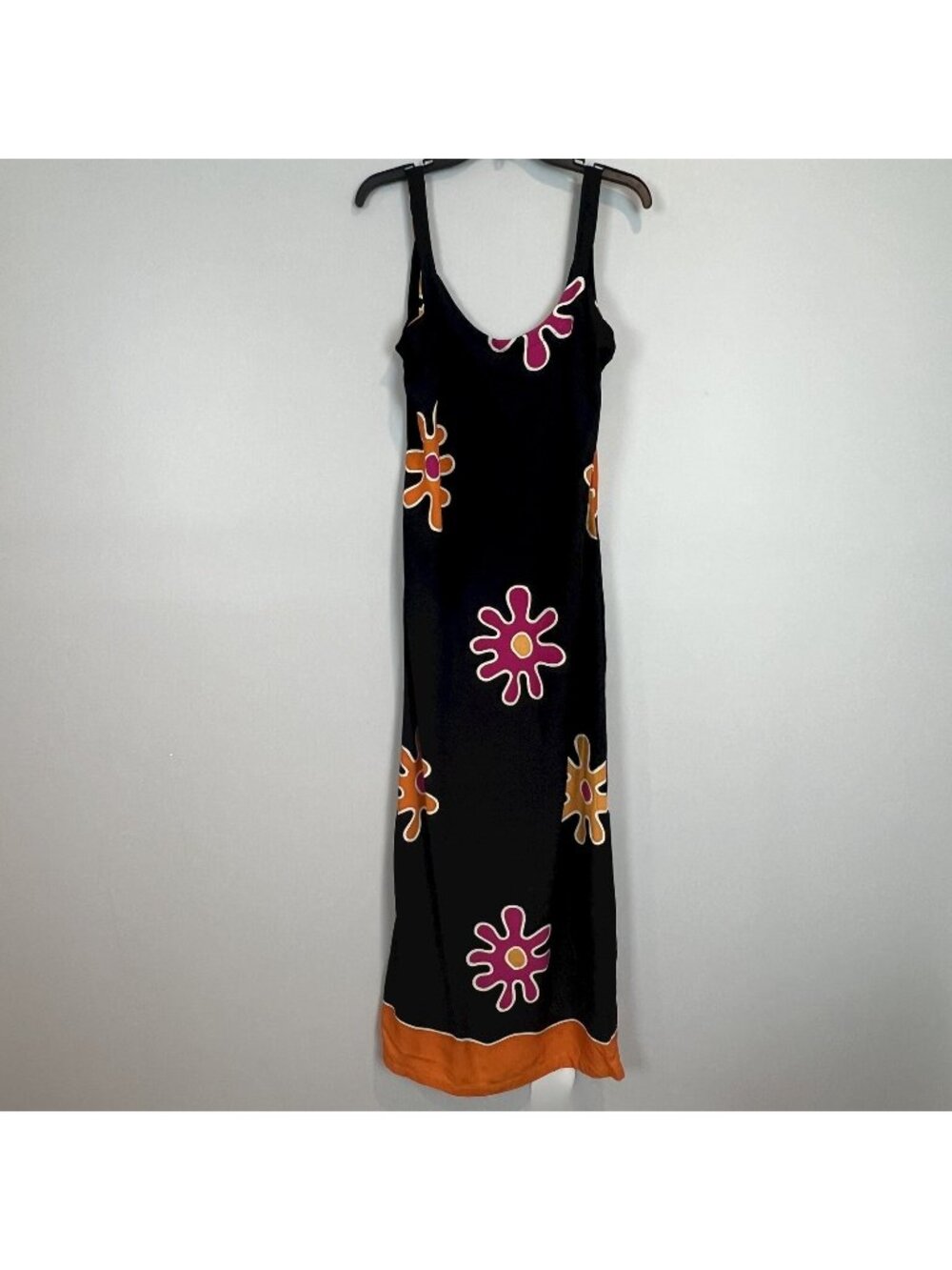 Kembali Black Floral Maxi Dress Rayon Sleeveless Size Medium Boho Hippie 90s Y2K